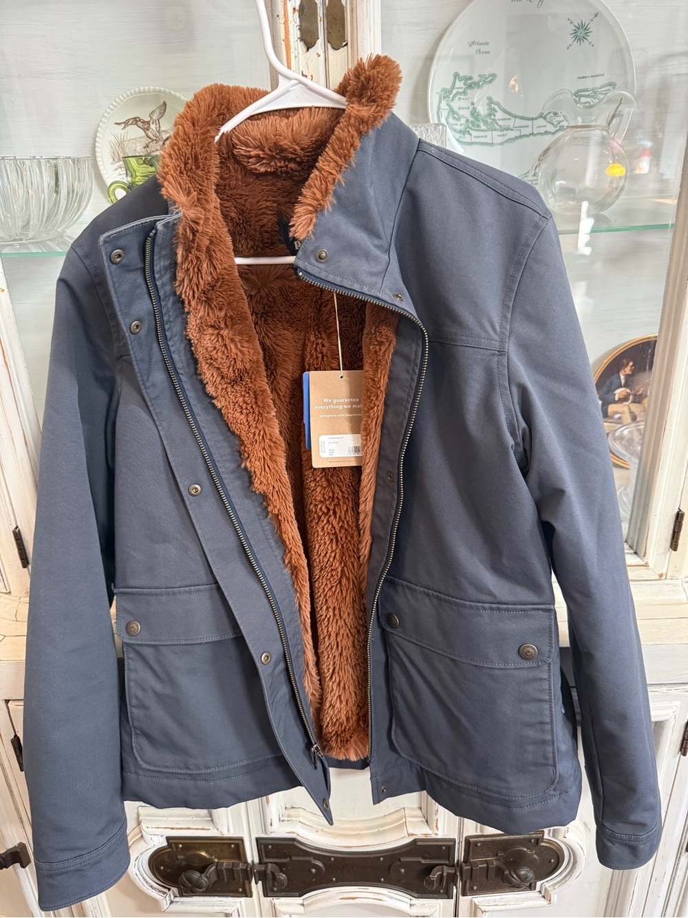 Patagonia Navy Jacket with Brown Faux-Fur Lining